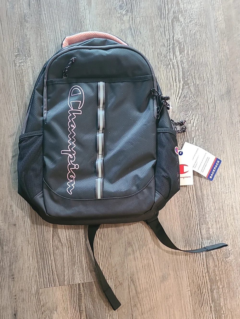 Champion Black Backpack with Pink Handle and Logo Trim